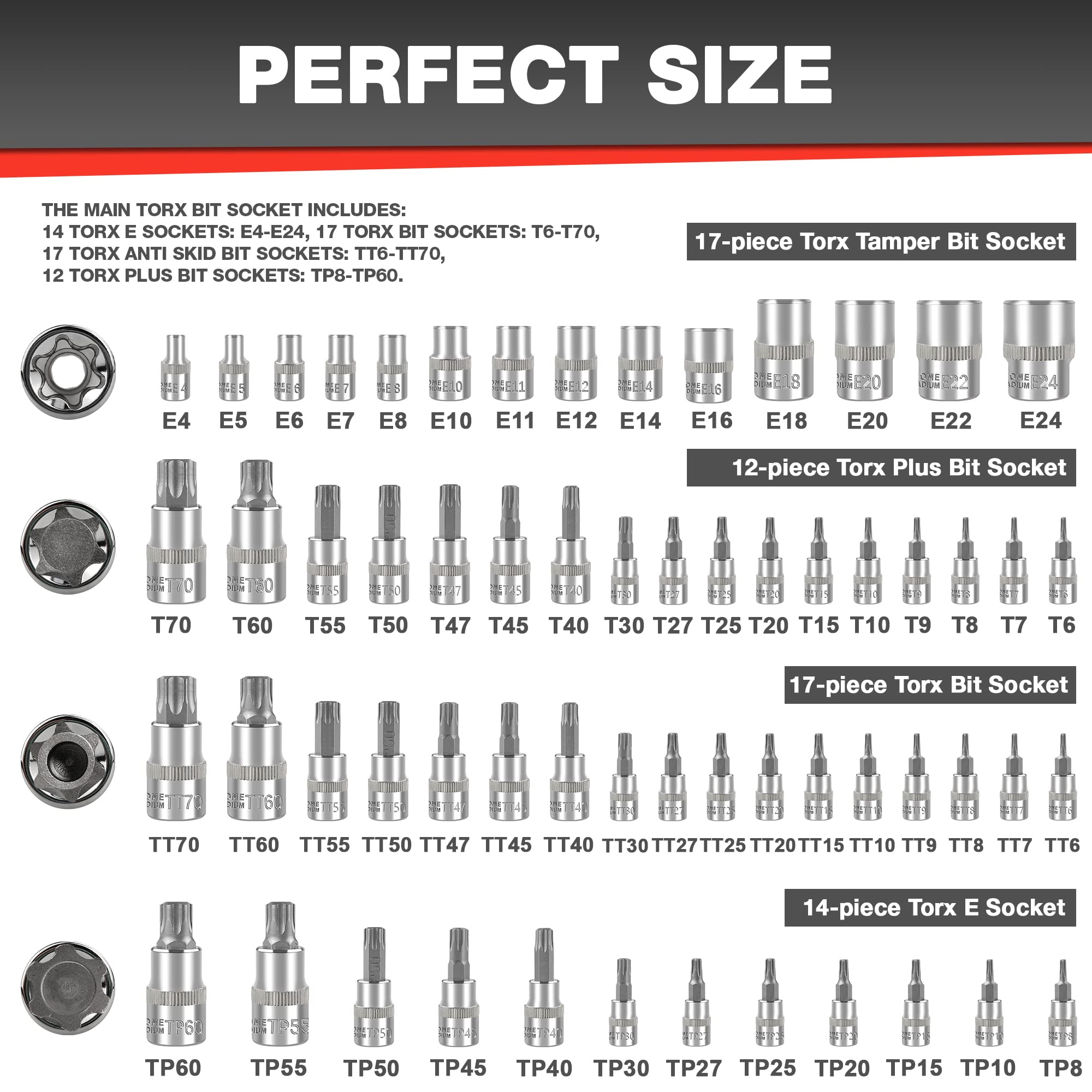 EACELIY 60pcs Torx Bit Socket Set, Hex Star Sockets, S2 and CR-V Steel, Includes Torx E socket (E4-E24), Torx Bit Socket (T6-T70), Torx Tamper Bit Socket (TT6-TT70), Torx Plus Bit Socket (TP8-TP60)