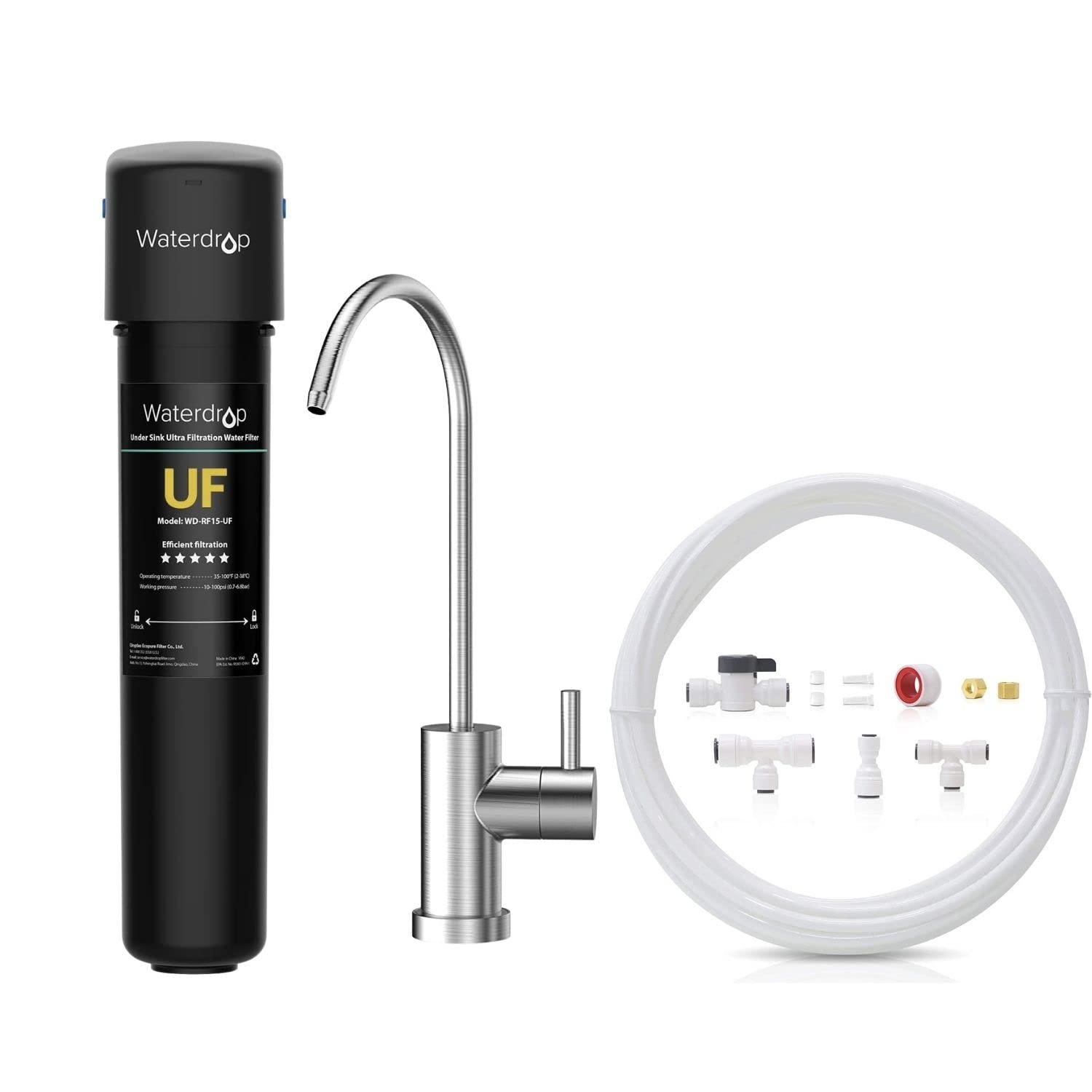 Waterdrop 15UB-UF 0.01 μm Ultra Filtration Under Sink Water Filter System and Waterdrop KITB 1/4" Water Line Connection Kit, Connect it to Fridge/Ice Maker