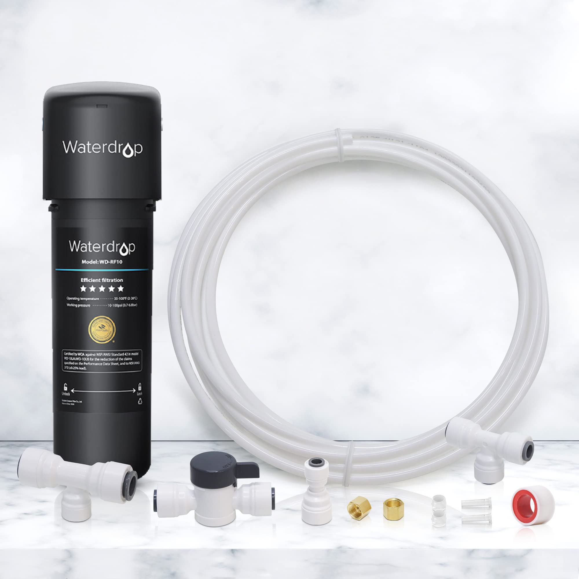 Waterdrop 15UB-UF 0.01 μm Ultra Filtration Under Sink Water Filter System and Waterdrop KITB 1/4" Water Line Connection Kit, Connect it to Fridge/Ice Maker