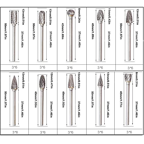 10Pcs Tungsten Carbide Rotary Burr Set, carbide drill bits，Rotary Carving Bits with 1/8” Shank for DIY, Woodworking, Engraving, Metal Carving, Drilling, Polishing