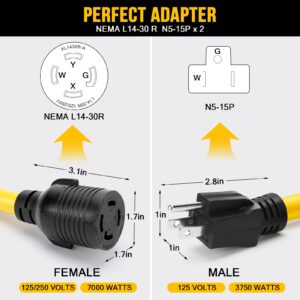 2X5-15 Plug Male to Generator Twist Lock L14-30 Receptacle Female Y Adapter Cord STW 3 Feet 120V/240V 30 Amp Generator Welder Dryer Power Cord Adapter,100% Copper Wire Conductor Inside.