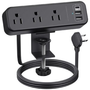 3 outlet desk clamp power strip with usb c, black flat plug desktop edge clamp power socket connect 6.5 ft thin extension cord for 1.6 inch tables