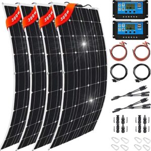 1200 watt solar panel kit, with 2pcs charge controller(40a) 4pcs 300 watt flexible monocrystalline solar panel for 12-48v battery charging car battery camper rv yacht battery boat