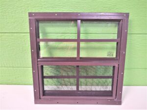 16x16 brown vertical slider window, flush mount, great for sheds, playhouses, and chicken coops