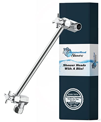 HammerHead Showers 12 Inch Long Adjustable Shower Arm — Feat. Shark Teeth, The Strongest Locking Joints of Any Shower Head Extension Arm — Metal Extender Raises Showerhead Height — Chrome