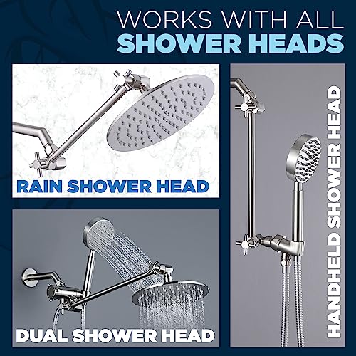 HammerHead Showers 12 Inch Long Adjustable Shower Arm — Feat. Shark Teeth, The Strongest Locking Joints of Any Shower Head Extension Arm — Metal Extender Raises Showerhead Height — Chrome