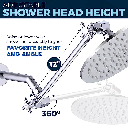 HammerHead Showers 12 Inch Long Adjustable Shower Arm — Feat. Shark Teeth, The Strongest Locking Joints of Any Shower Head Extension Arm — Metal Extender Raises Showerhead Height — Chrome