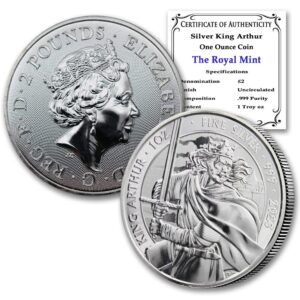 2023 1 oz british silver king arthur coin by the royal mint brilliant uncirculated with certificate of authenticity £2 mint state