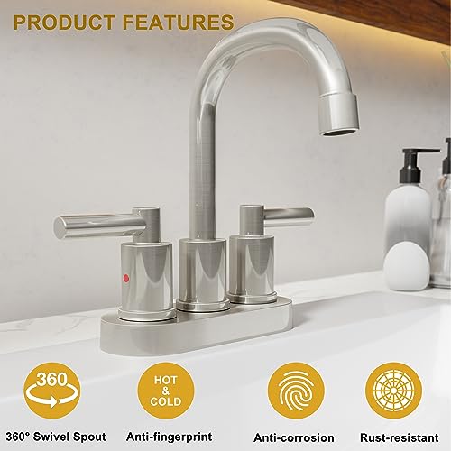 KPAIDA 4 in Centerset Bathroom Faucets for Sink 3 Hole, Brushed Nickel Bathroom Faucet with Pop-up Drain and 2 Supply Hoses, Stainless Steel 2 Lever Handles Centerset Faucet for Bathroom