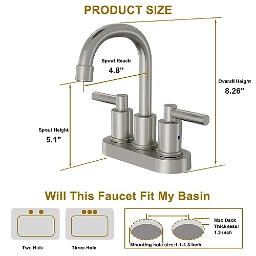 KPAIDA 4 in Centerset Bathroom Faucets for Sink 3 Hole, Brushed Nickel Bathroom Faucet with Pop-up Drain and 2 Supply Hoses, Stainless Steel 2 Lever Handles Centerset Faucet for Bathroom