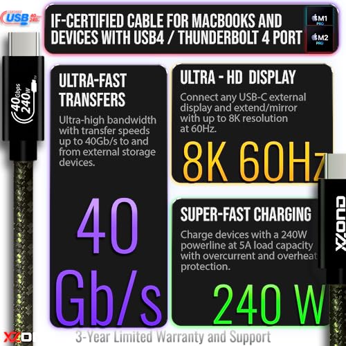 XZOND IF-Certified USB4 Cable 1M – 40Gbps Data Transfer, 240W Charging, 8K Video - MacBooks (M1,M2,Intel), Laptops, USB-C Monitors, iPads, Hubs and Docks