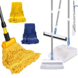 kphico broom and dustpan set with upgrade 53" long handle&floor squeegee and looped-end string wet mop with 2 string mop heads,for laminate,hardwood,ceramic,marble floor cleaning