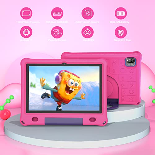 VOLENTEX Kids Tablet 10 inch Android 12, Tablet PC with 3GB RAM 64GB ROM, Parental Control, Educational, 10.1'' IPS HD Display, Dual Camera, 6000mAh, WiFi, with EVA Kid-Proof Case(Pink)