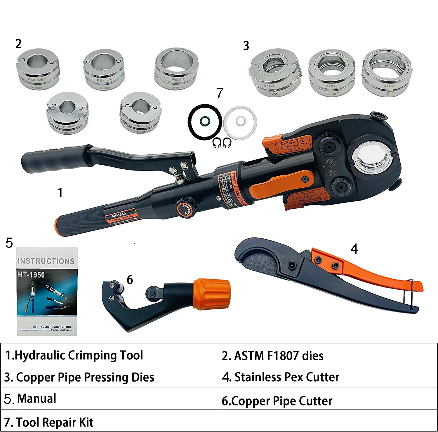 iGeelee Hydraulic Copper Pipe Press Tool with 1/2",3/4" and 1" Dies for Copper Pipe Fitting and 3/8",1/2",5/8",3/4",1" Dies for ASTM F1807 Pex Pipe Copper Ring (HT-1950E)