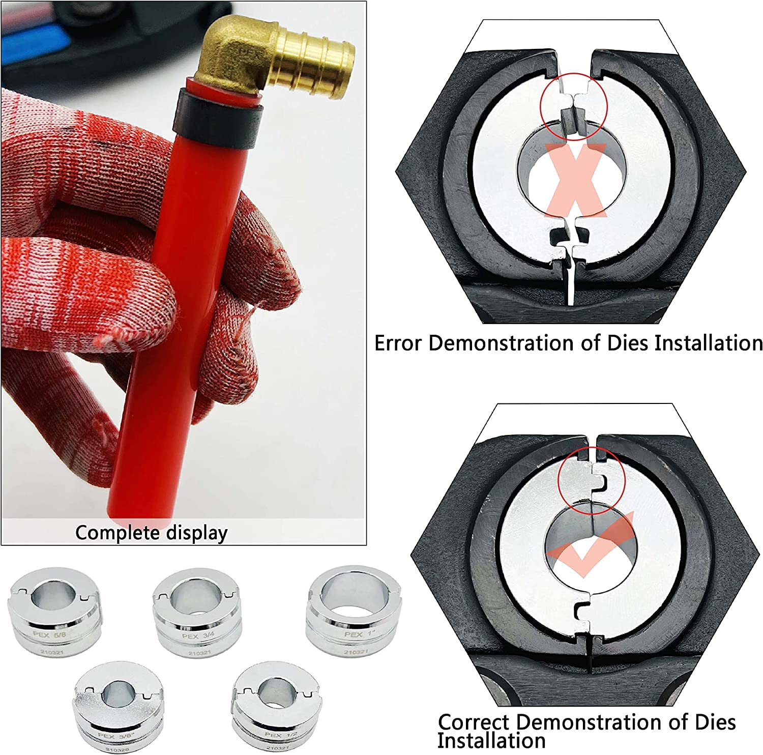 iGeelee Hydraulic Copper Pipe Press Tool with 1/2",3/4" and 1" Dies for Copper Pipe Fitting and 3/8",1/2",5/8",3/4",1" Dies for ASTM F1807 Pex Pipe Copper Ring (HT-1950E)