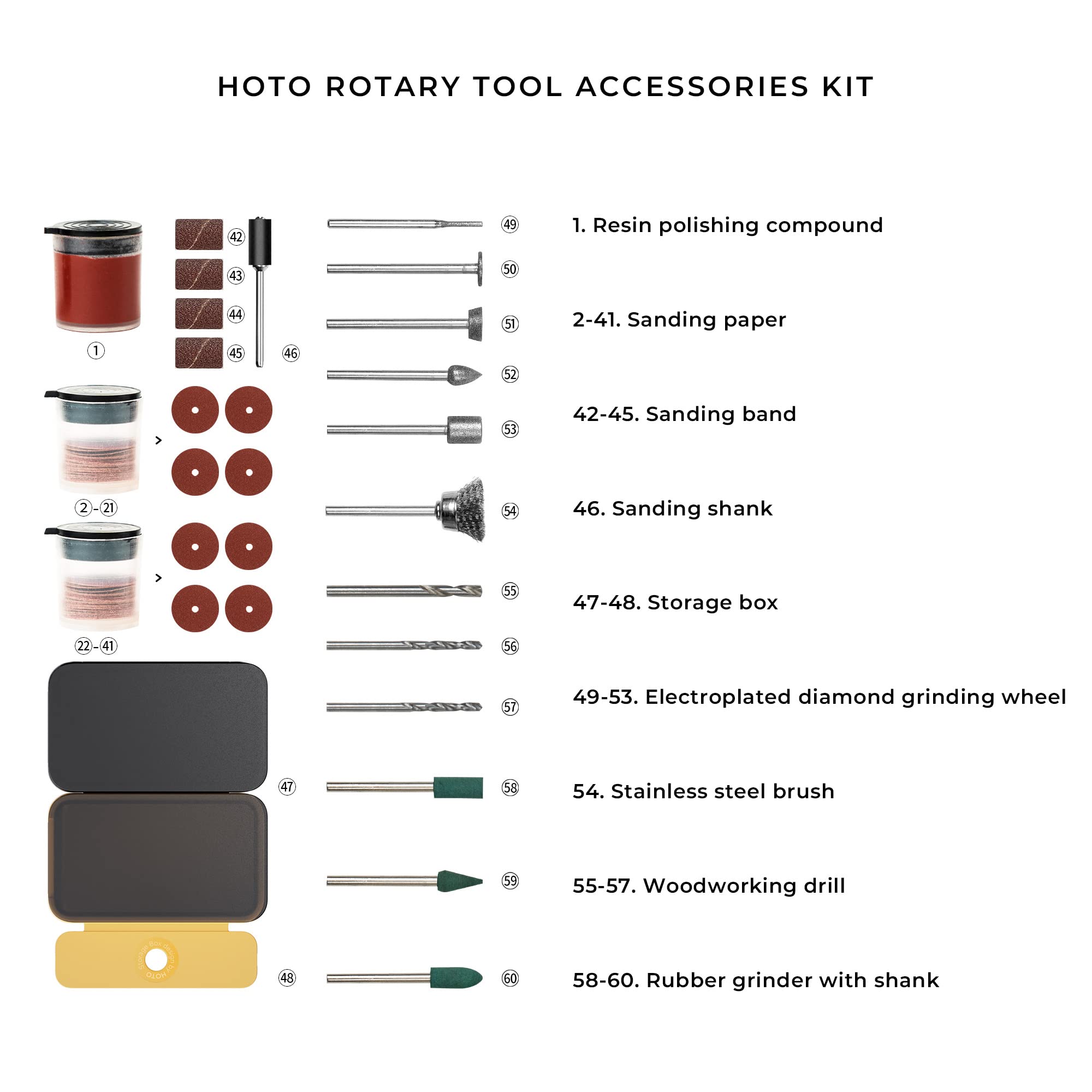 HOTO Rotary Tool Accessories Kit, 60 Pcs Accessories, Sanding, Grinding, Cutting, Drilling, Sharpening, Carving, Engraving