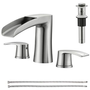 brushed nickel waterfall bathroom faucets - 2 handles bathroom sink faucet for 3 holes sink, brushed nickel widespread bathroom faucet with pop up sink drain stopper