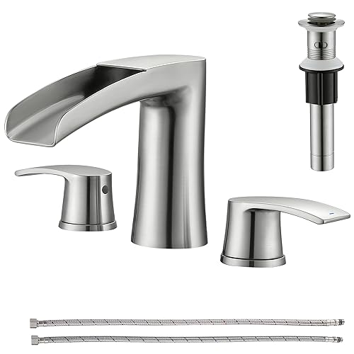 Brushed Nickel Waterfall Bathroom Faucets - 2 Handles Bathroom Sink Faucet for 3 Holes Sink, Brushed Nickel Widespread Bathroom Faucet with Pop Up Sink Drain Stopper