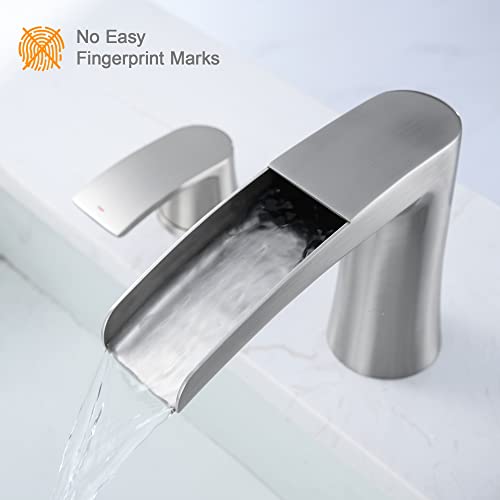 Brushed Nickel Waterfall Bathroom Faucets - 2 Handles Bathroom Sink Faucet for 3 Holes Sink, Brushed Nickel Widespread Bathroom Faucet with Pop Up Sink Drain Stopper