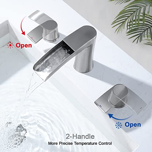 Brushed Nickel Waterfall Bathroom Faucets - 2 Handles Bathroom Sink Faucet for 3 Holes Sink, Brushed Nickel Widespread Bathroom Faucet with Pop Up Sink Drain Stopper