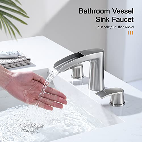 Brushed Nickel Waterfall Bathroom Faucets - 2 Handles Bathroom Sink Faucet for 3 Holes Sink, Brushed Nickel Widespread Bathroom Faucet with Pop Up Sink Drain Stopper