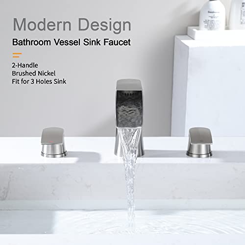 Brushed Nickel Waterfall Bathroom Faucets - 2 Handles Bathroom Sink Faucet for 3 Holes Sink, Brushed Nickel Widespread Bathroom Faucet with Pop Up Sink Drain Stopper