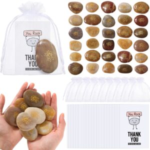 Roowest 30 Sets Employee Appreciation Gifts Thank You You Rock Engraved Inspirational Rocks Faith Stones, Kudos Cards Thank You Notecards and White Organza Bags for Coworkers Staff