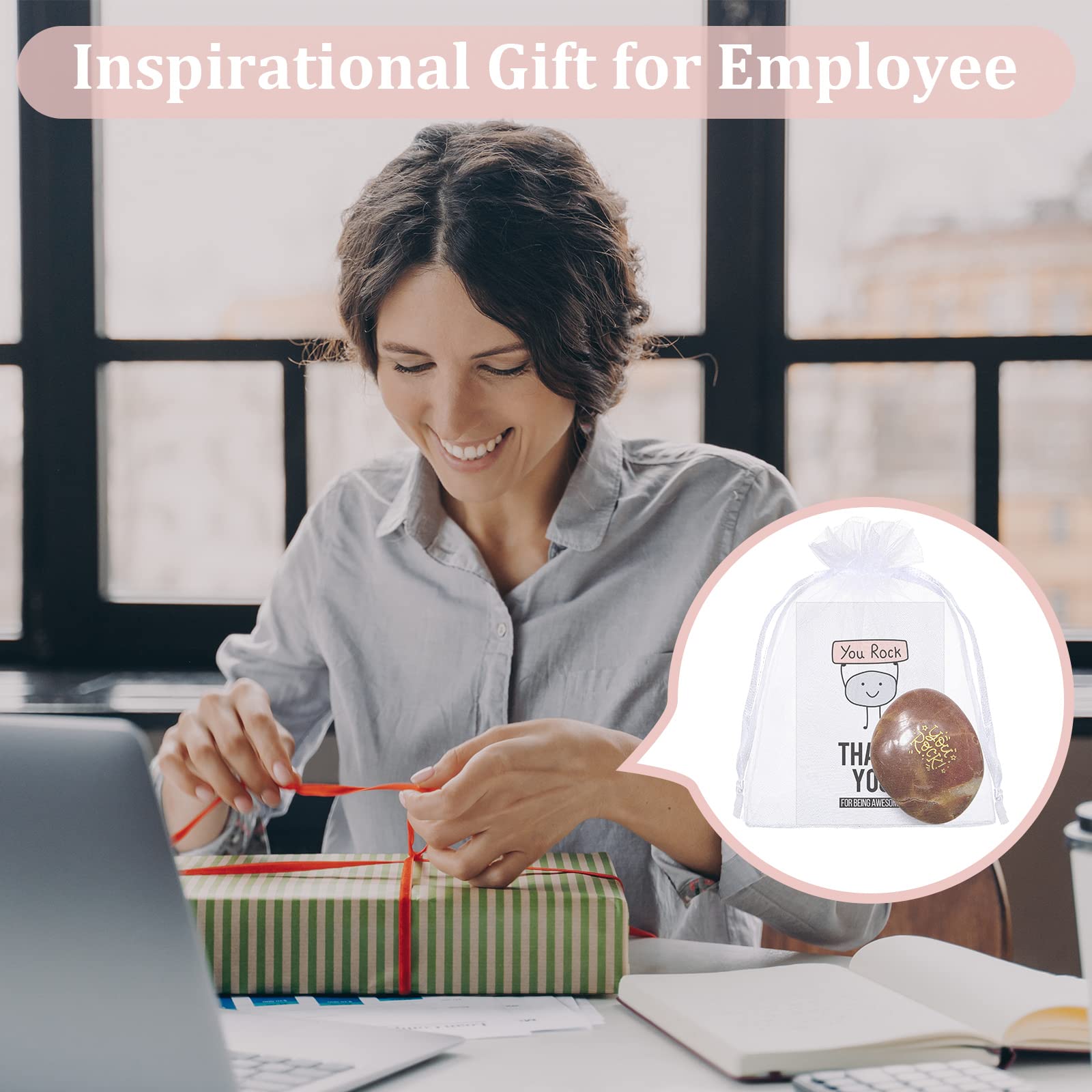 Roowest 30 Sets Employee Appreciation Gifts Thank You You Rock Engraved Inspirational Rocks Faith Stones, Kudos Cards Thank You Notecards and White Organza Bags for Coworkers Staff