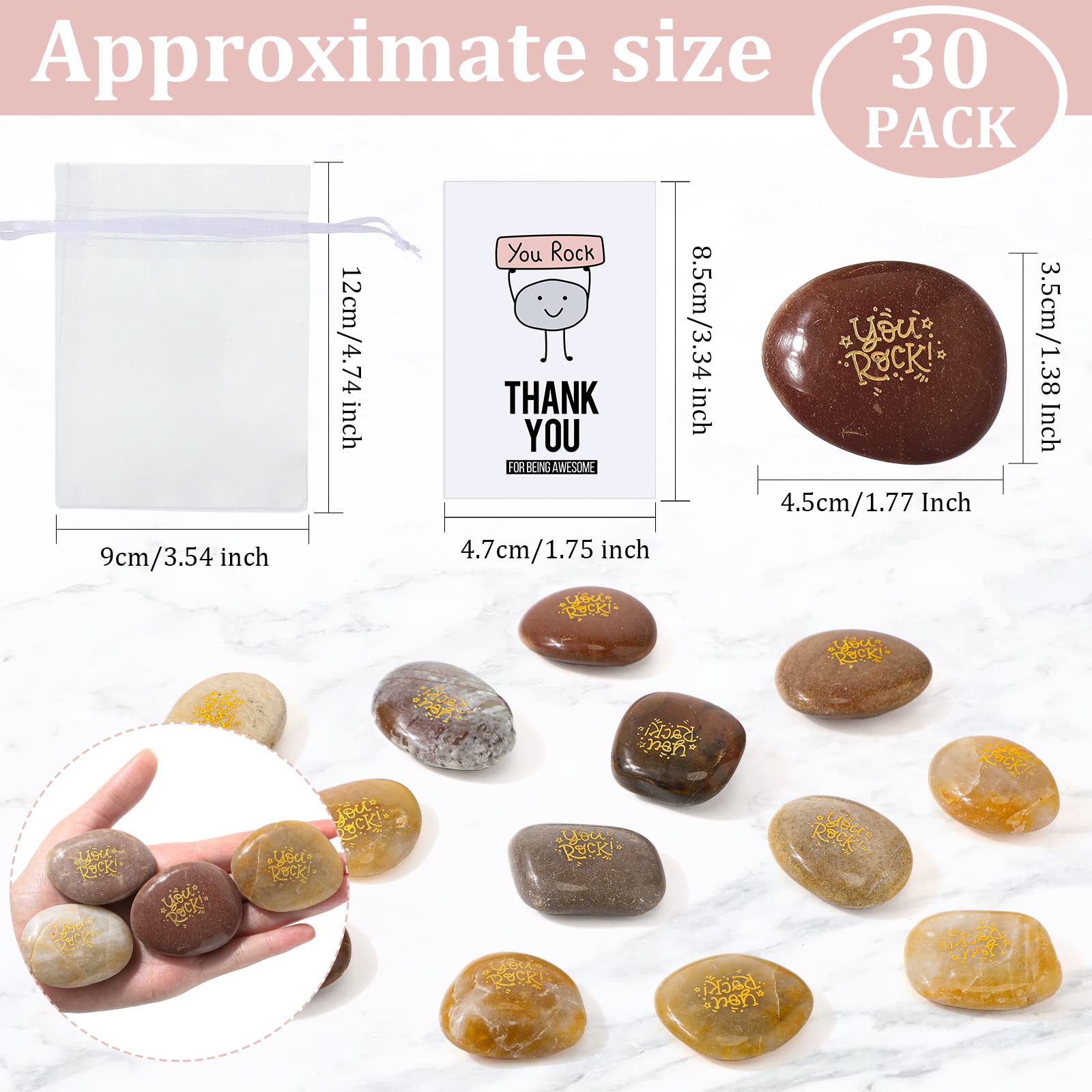 Roowest 30 Sets Employee Appreciation Gifts Thank You You Rock Engraved Inspirational Rocks Faith Stones, Kudos Cards Thank You Notecards and White Organza Bags for Coworkers Staff