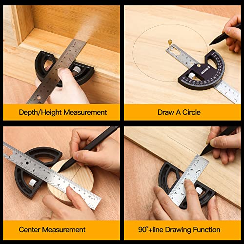 RONGPRO Angle Protractor Square Head 12 Inch, Adjustable Protractor Angle Finder, Featuring Precision Laser-Inside & Outside Angle Finder for Carpenters, Plumbers and All Building Trades