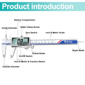 Kynup Digital Caliper, Caliper Measuring Tool with Large LCD Screen, Micrometer Caliper, Stainless Steel, Screen Splash Proof, Easy Switch from Inch Metric Fraction (6 Inch)