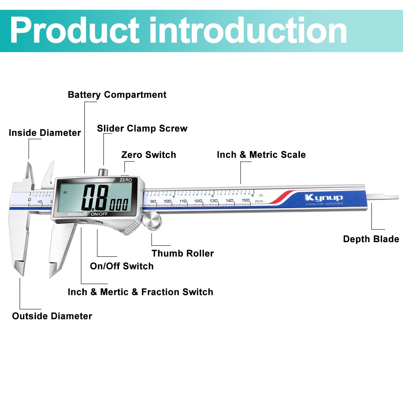 Kynup Digital Caliper, Caliper Measuring Tool with Large LCD Screen, Micrometer Caliper, Stainless Steel, Screen Splash Proof, Easy Switch from Inch Metric Fraction (6 Inch)