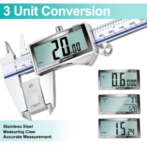 Kynup Digital Caliper, Caliper Measuring Tool with Large LCD Screen, Micrometer Caliper, Stainless Steel, Screen Splash Proof, Easy Switch from Inch Metric Fraction (6 Inch)