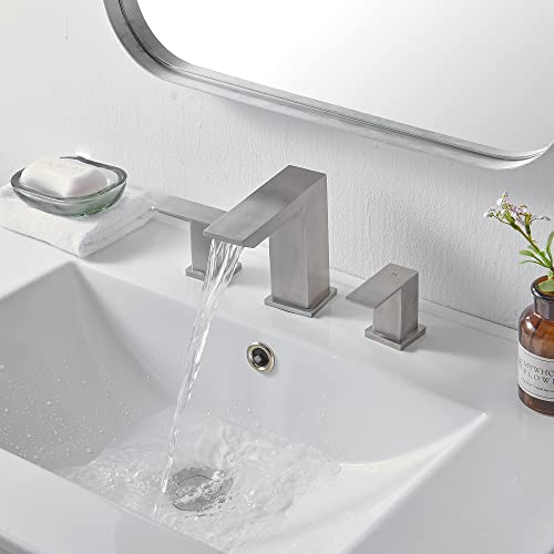 HOTIS HOME Modern 3 Hole Waterfall Bathroom Faucet, Bathroom Faucets for Sink 3 Hole, Brushed Nickel 8-Inch Vanity Faucet, 2 Handle Widespread Bathroom Sink Faucet with Supply Hoses and Drain