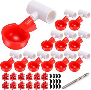 [12 pack] chicken water cups with pvc tee, automatic waterer kit for poultry, diy water feeder for chicken duck quail turkey, chicken water nipples,red
