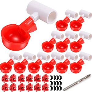 [12 Pack] Chicken Water Cups with PVC Tee, Automatic Waterer Kit for Poultry, DIY Water Feeder for Chicken Duck Quail Turkey, Chicken Water Nipples,Red