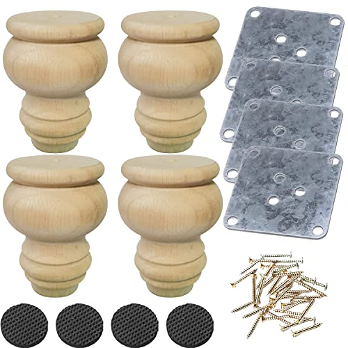 Jaswass 3 Inch Wooden Furniture Legs Sofa Replacement Legs Unfinished Bun feet for Armchair Cabinet Chair Dresser Home DIY Projects 4 Pcs