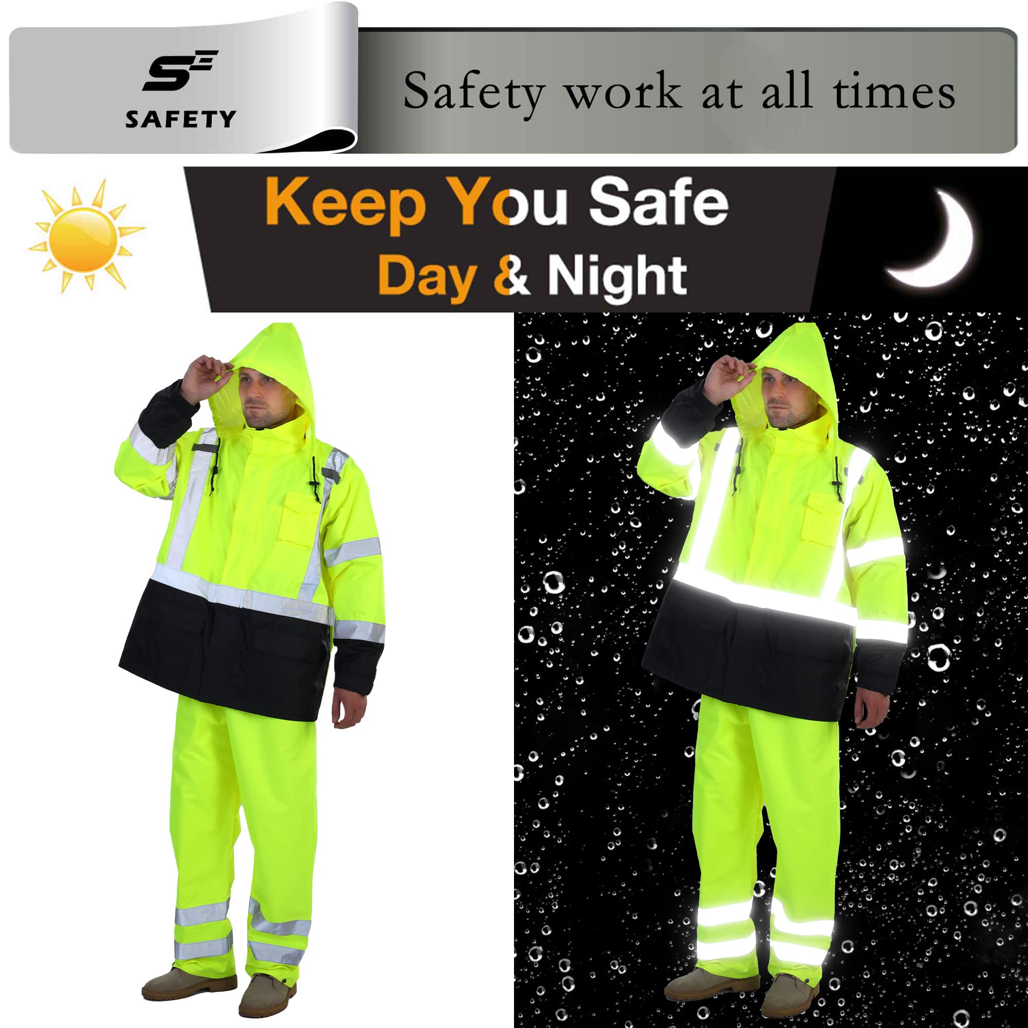 sesafety Hi Vis Rain Jacket, Class 3 High Visibility Rain Gear for Men, Rain Suits for Men Waterproof with Nterior Mesh, Zipper, Yellow (L/XL)