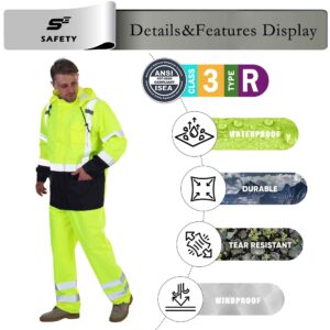 sesafety Hi Vis Rain Jacket, Class 3 High Visibility Rain Gear for Men, Rain Suits for Men Waterproof with Nterior Mesh, Zipper, Yellow (L/XL)