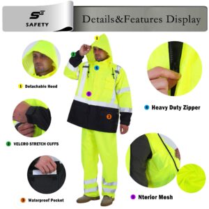 sesafety Hi Vis Rain Jacket, Class 3 High Visibility Rain Gear for Men, Rain Suits for Men Waterproof with Nterior Mesh, Zipper, Yellow (L/XL)