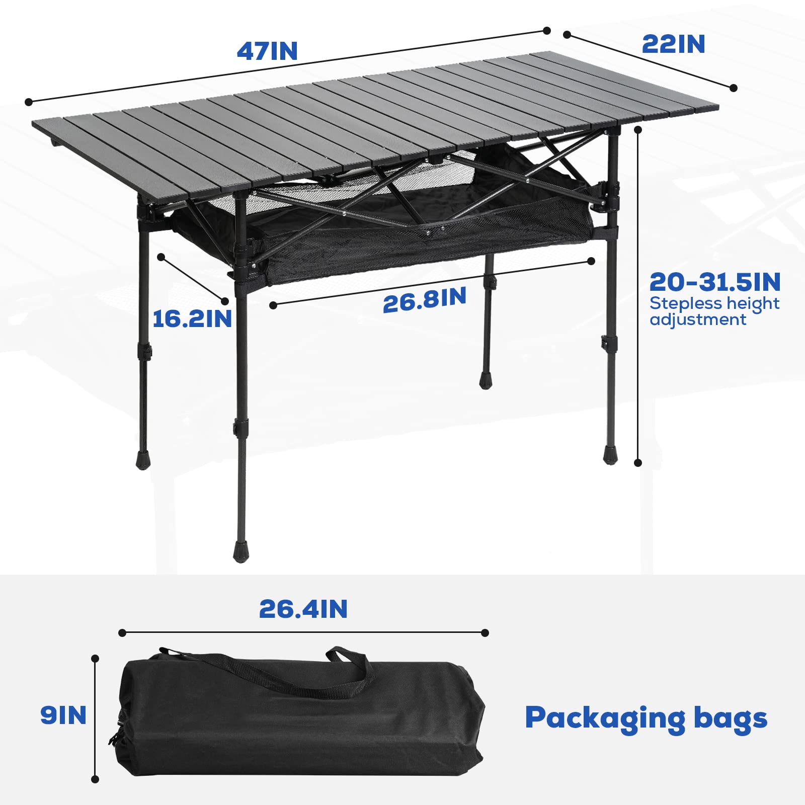LEBLEBALL Folding Camping Table, Portable Folding Table with Storage Bag, Adjustable Aluminum Camping Table for Outdoor Picnic, Beach, Backyard, BBQ, Patio, Fishing, Black