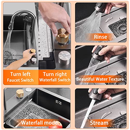 Ribanedy 31.5-inch Black-Grey Nano Kitchen Sink 304 Stainless Steel Waterfall Sink Single Bowl Workstation Kitchen Sink With Multifunctional Top Loading Flying Rain pull-out faucet