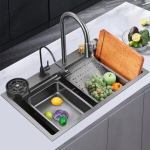 Ribanedy 31.5-inch Black-Grey Nano Kitchen Sink 304 Stainless Steel Waterfall Sink Single Bowl Workstation Kitchen Sink With Multifunctional Top Loading Flying Rain pull-out faucet