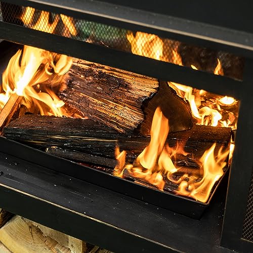 Deko Living Outdoor Wood Burning Fireplace with Wood Storage and Removable Fire Grill - 40 Inch Large Metal Wicker Base Fire Pit for Patio Garden Deck Backyard, Black