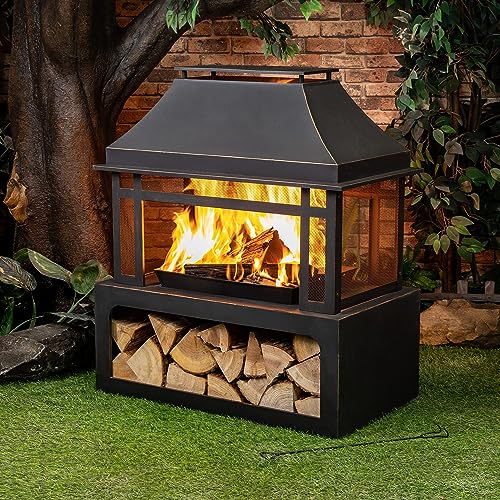 Deko Living Outdoor Wood Burning Fireplace with Wood Storage and Removable Fire Grill - 40 Inch Large Metal Wicker Base Fire Pit for Patio Garden Deck Backyard, Black