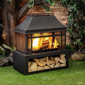 Deko Living Outdoor Wood Burning Fireplace with Wood Storage and Removable Fire Grill - 40 Inch Large Metal Wicker Base Fire Pit for Patio Garden Deck Backyard, Black