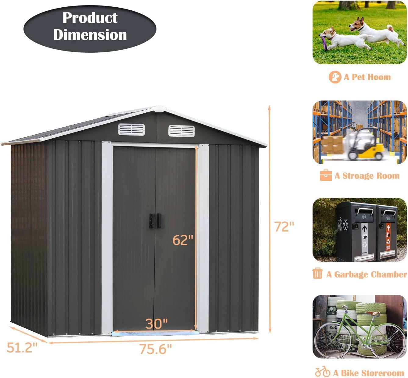 6' x 4' Outdoor Storage Shed, Outdoor Metal Storage Sheds with Sliding Door for Bike, Garden Shed Small Tool Outside Storage Cabinet for Backyard, Patio, Lawn, Spire