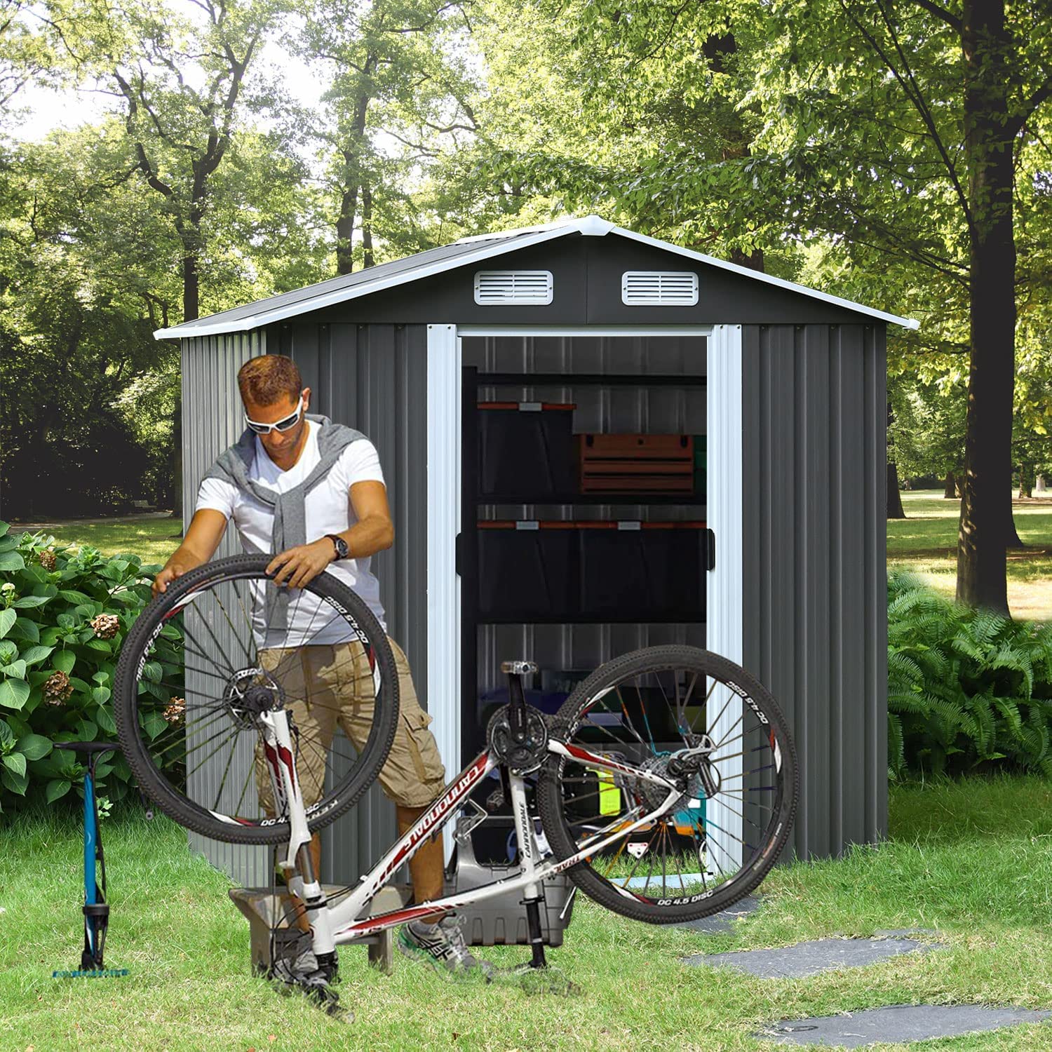 6' x 4' Outdoor Storage Shed, Outdoor Metal Storage Sheds with Sliding Door for Bike, Garden Shed Small Tool Outside Storage Cabinet for Backyard, Patio, Lawn, Spire