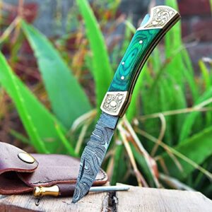 HF ENTERPRISES Damascus Steel Pocket Folding Knife for Men green wood handle 4 pcs, Hunting Fishing Camping knives with leather sheath, Gift