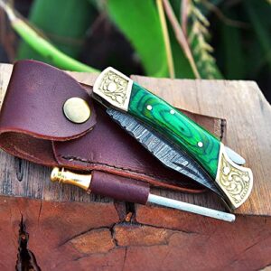 HF ENTERPRISES Damascus Steel Pocket Folding Knife for Men green wood handle 4 pcs, Hunting Fishing Camping knives with leather sheath, Gift